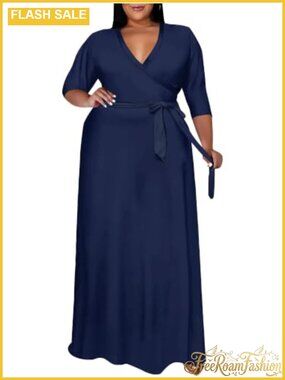 Plus Size Maxi Wrap Dress 3/4 Sleeve V-Neck A-Line Pockets